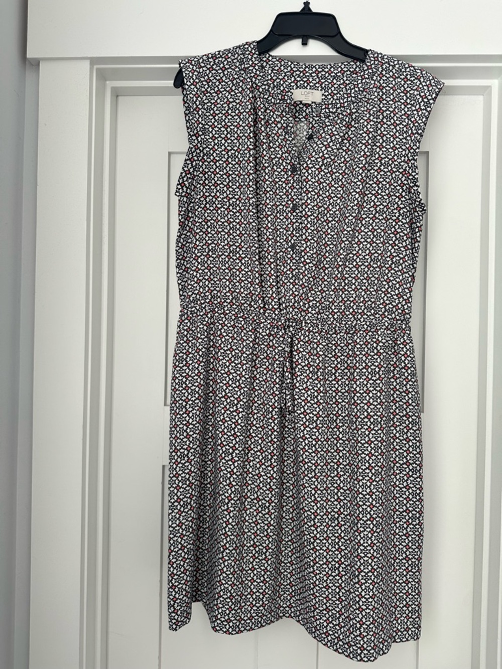 LOFT Black & White Geometric Tie-Waist Dress with Pinkish Orange Accents
